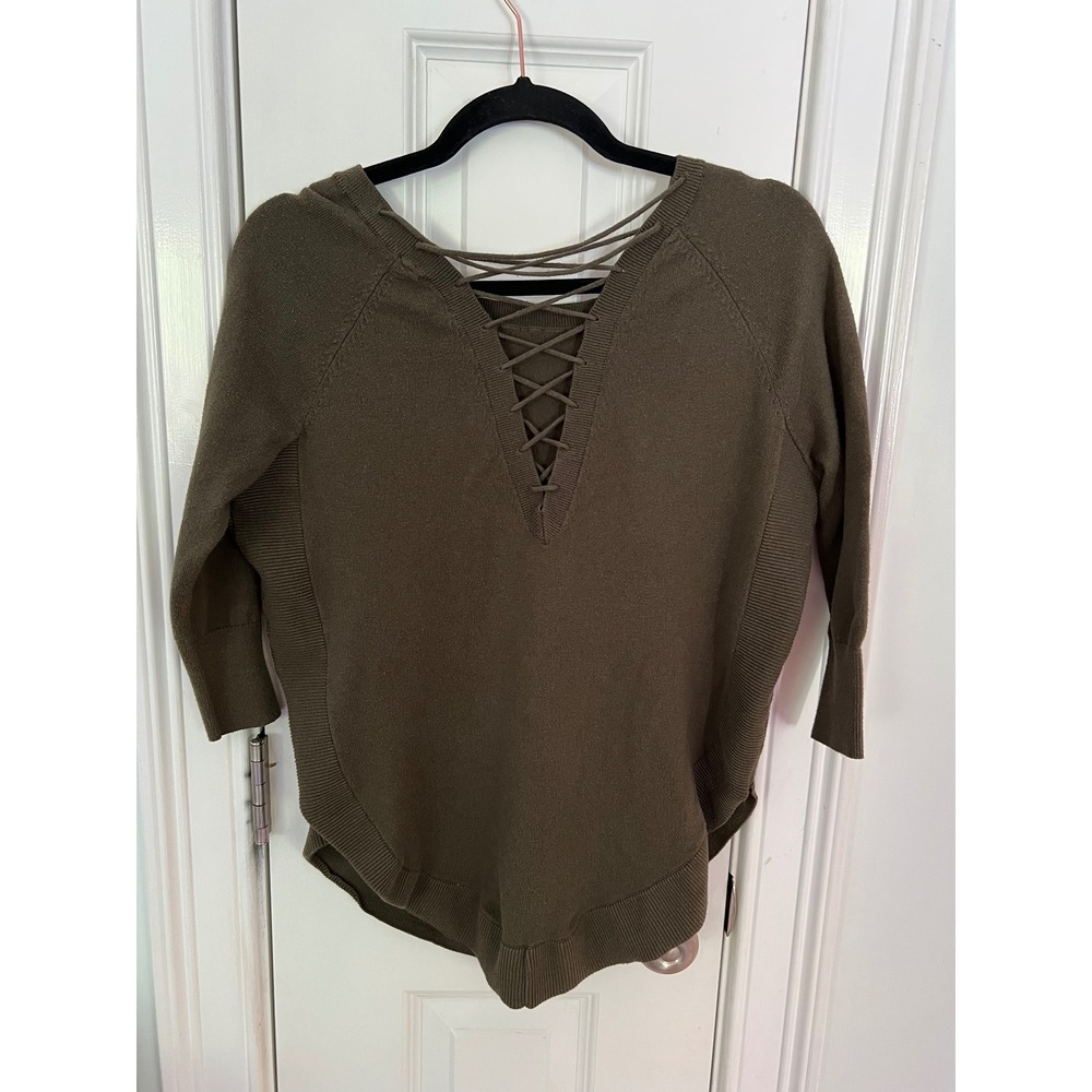 Olive Green Lace Up Back Knit Sweater Scoop Neck 3/4 Sleeve RN 55285